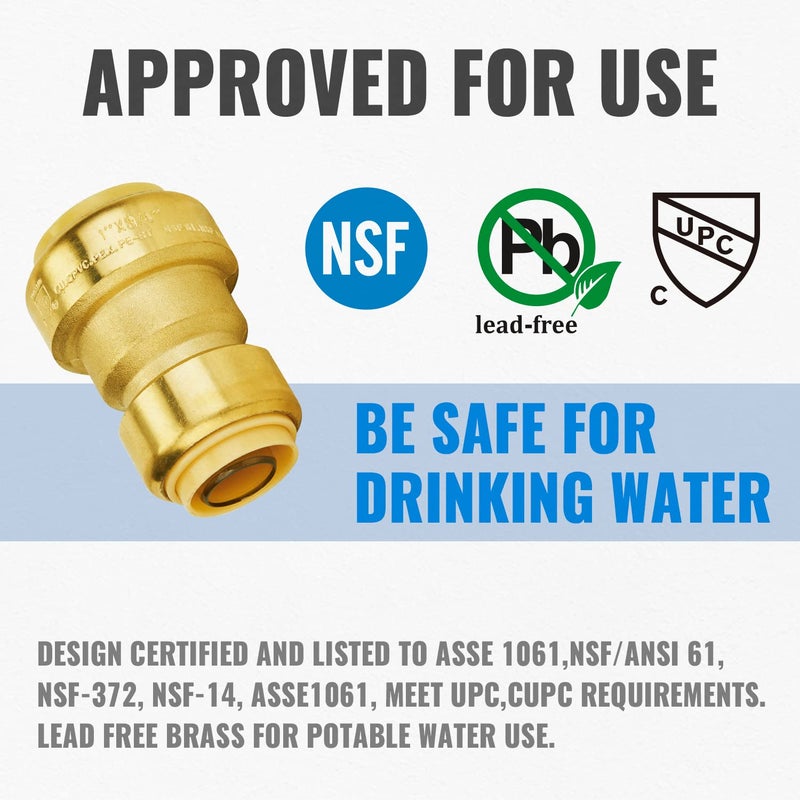 SUNGATOR Reducing Coupling, 1 Inch x 3/4 Inch Straight Coupling, No Lead Brass Push to Connect Plumbing Fitting for PEX Pipe, Copper, CPVC, With 2 Disconnect Clips, Pack of 2 - Image 2